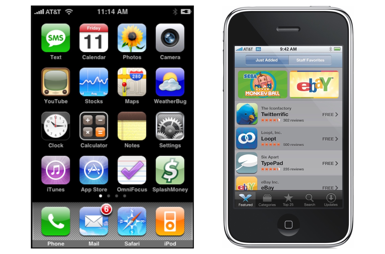 iPhone OS 2 Home screen and App Store on iPhone 3G (2008)